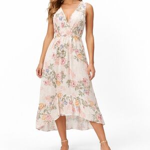 Le Ragazze Made in Italy Floral Linen Dress Hi-Low Hem Romantic Cottagecore XL